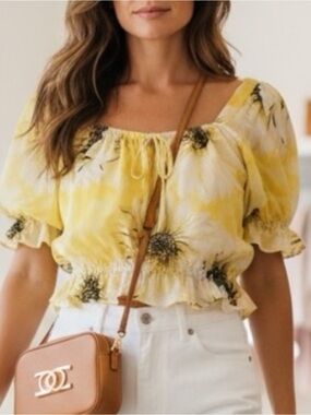 H&M Yellow Sunflower Off-Shoulder Peasant Top